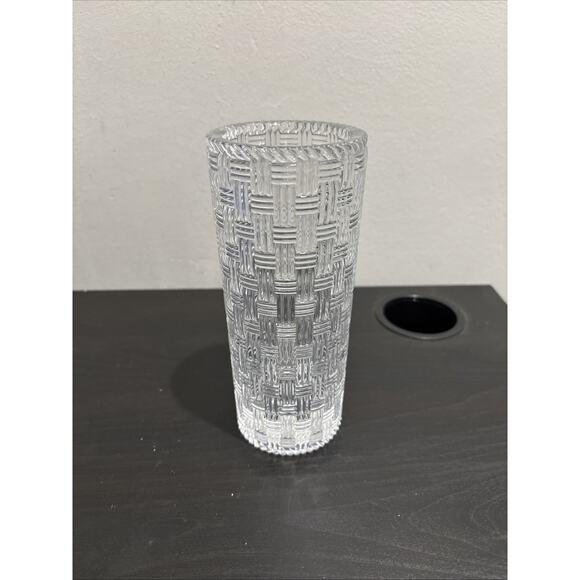 TIFFANY & CO Woven Basketweave Cylinder 8" Crystal Glass Vase Made In Germany - Picture 1 of 5